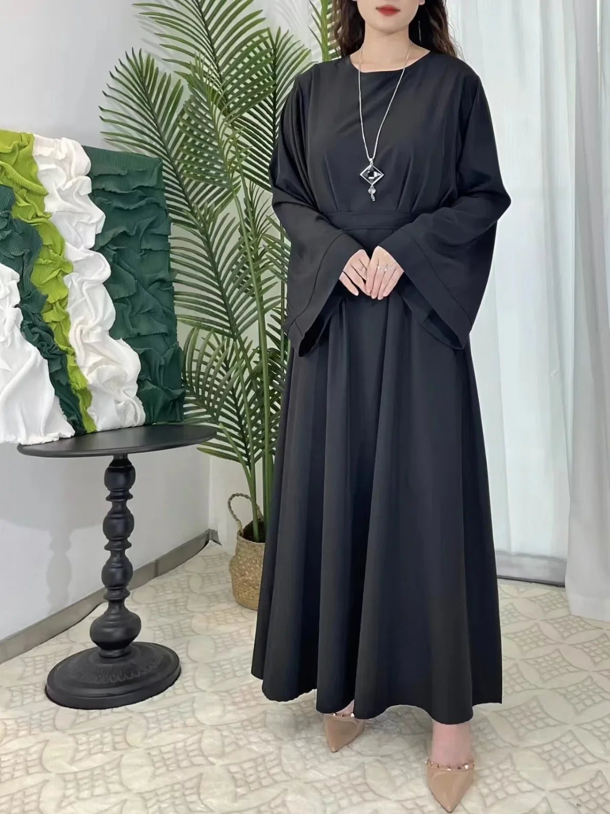 Muslim Abayas Women Kaftans Prayer Dress With Belt Full Sleeve.
