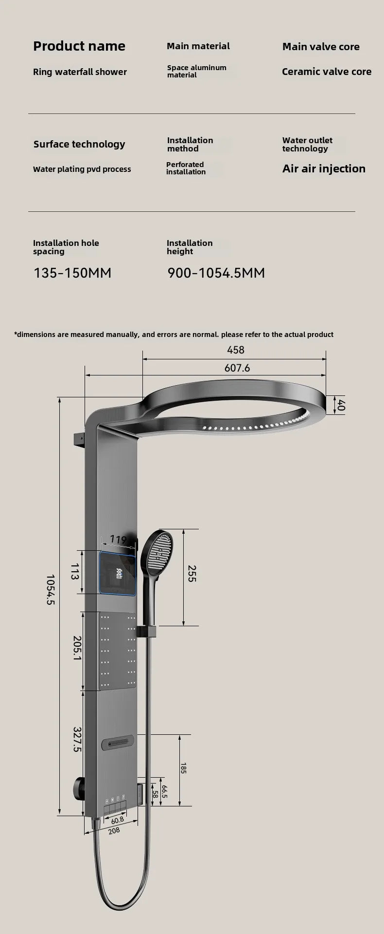 Multi Functional LED Shower Screen Wall Mounted Waterfall Shower Head Set Bathroom Digital Atmosphere Light Shower Set Screen