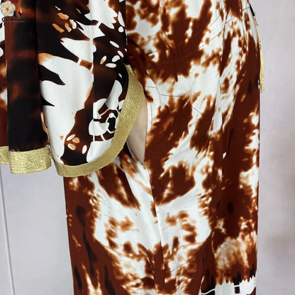 2025 New African Abaya For Women Dress Loose Batwing Sleeve Pockets High-quality Tie-dye Pure Cotton Fabric Women Islam Clothing.