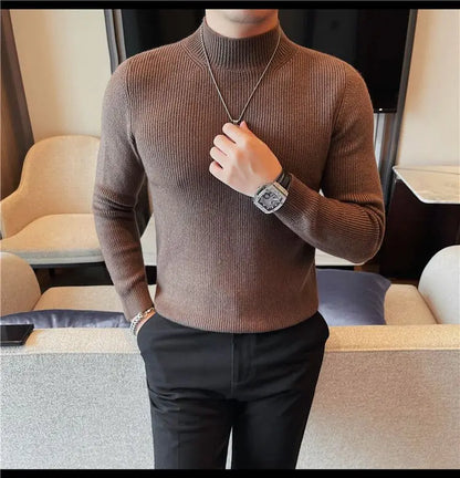 Half Turtleneck Sweater Men with Striped Wool in Autumn Winter Thickened Slightly Loose Base Knitted