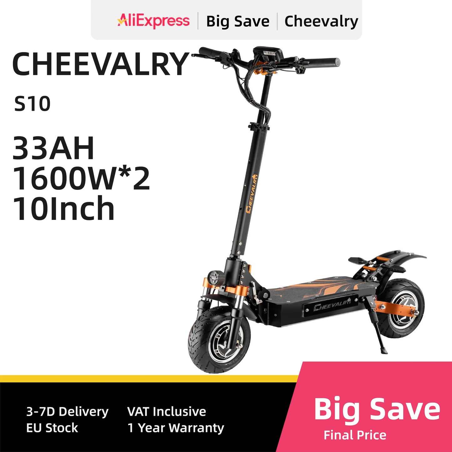 Cheevalry S10 Electric Scooter 2*1600W Motor 52V 33AH Battery Electric Scooter 10 Inch Tires City Commuter Electric Scooter.