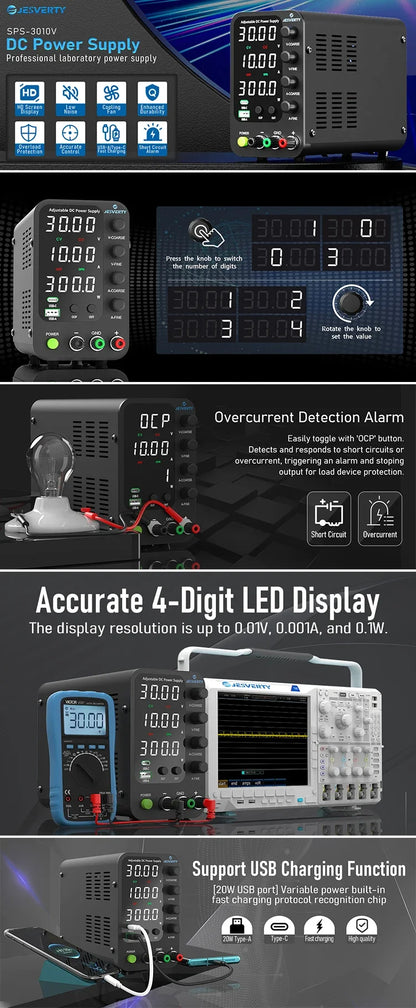 Jesverty DC Lab Power Supply 30V 60V 120V Bench Power Supply Encoder Regulate Voltage and Current Dual Input Voltage 220V/110V.