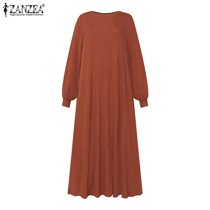 ZANZEA Fashion Muslim Abaya Women Autumn Maxi Sundress Casual Long Sleeve Kaftan Hijab Vestido Solid Loose Islamic Clothing 2024.