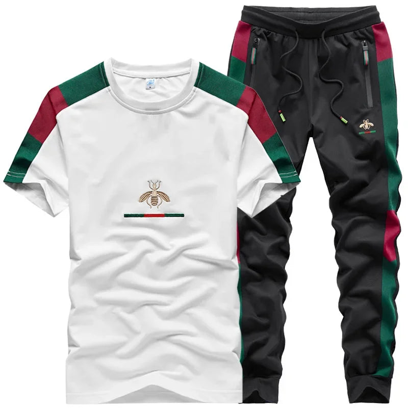 Casual Embroidered Short Sleeve Long Pants Set round Neck Two Piece Set Men's Fashionable Korean Style Spring Autumn Wear.