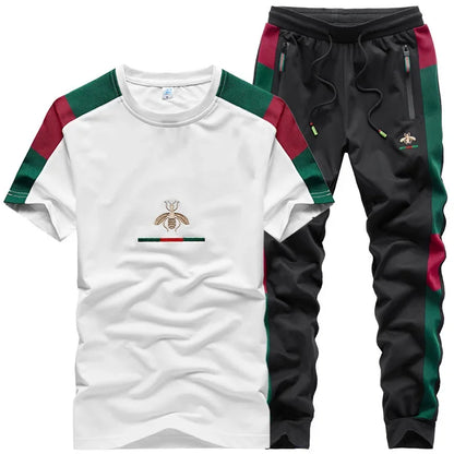 Casual Embroidered Short Sleeve Long Pants Set round Neck Two Piece Set Men's Fashionable Korean Style Spring Autumn Wear.