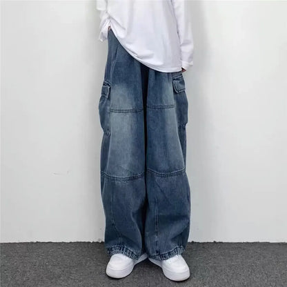 Japanese Vintage Wide-leg Pocket Cargo Pants Men's Autumn/winter New Trendy Brand Ins Unisex Loose Fit Straight Leg Jeans.
