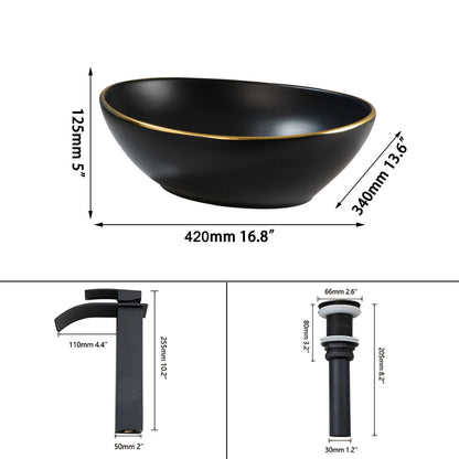 KEMAIDI Ovales Waschbecken mit Wasserhahn, weiße Marmorierung, Badezimmer-Waschbecken über der Theke, Keramik-Waschbecken für Badezimmermischer