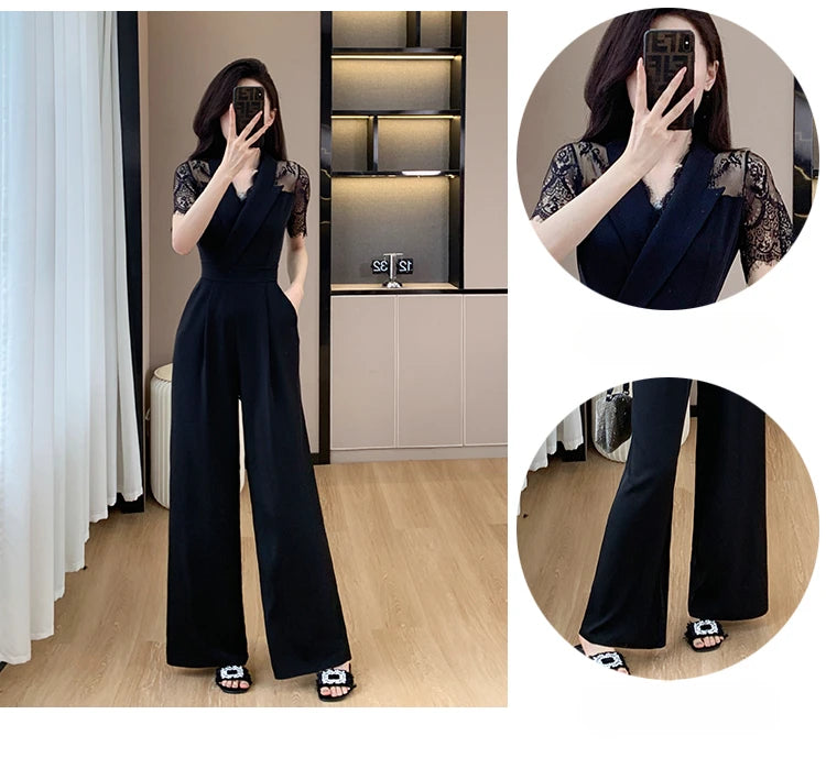 V-neck Solid Office Jumpsuit Women Elegant High Waist Wide Leg Pants Overall 2025 Fashion Slim Hollow Solid Color Romper.