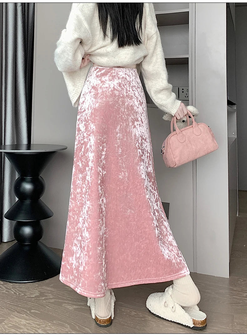 Plush Velvet Midi Skirt - 2025 New High-Waisted A-Line Mermaid Hem Skirt, Fleece-lined, Autumn Winter Thick Velvet Skirt.