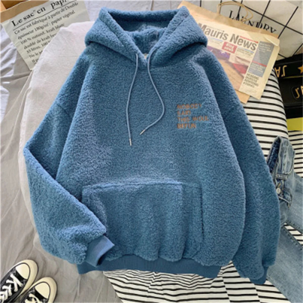 Autumn Winter Fashion Hooded Sweatshirt Women Korean Loose Solid Letter Tops Long Sleeve Warm Outfit Hoodie Lady Casual Street.