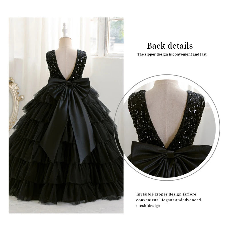 Mode Pailletten Mädchen Prinzessin Kleid Geburtstag Party Mädchen Layered Schwarz Hochzeit Kleid Für Kinder Elegante Klavier Leistung Kleid.