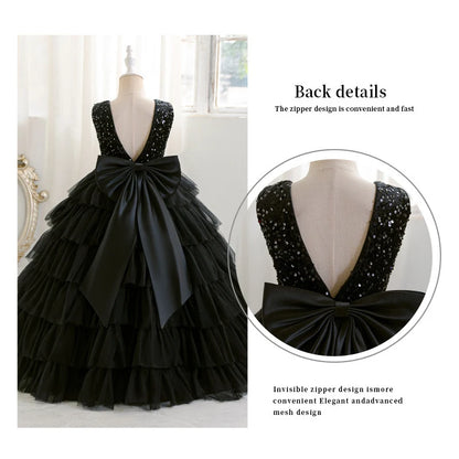 Mode Pailletten Mädchen Prinzessin Kleid Geburtstag Party Mädchen Layered Schwarz Hochzeit Kleid Für Kinder Elegante Klavier Leistung Kleid.