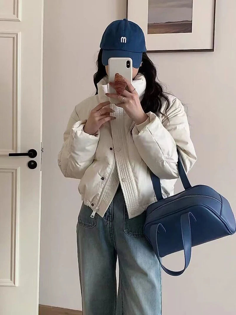 Winter Warme Dicke Parkas Frauen Neue Mode Lose Ernte Jacke Weibliche Schwarz Baumwolle Gepolsterte PU Leder Elegante Zipper Mantel Y2K Tops.