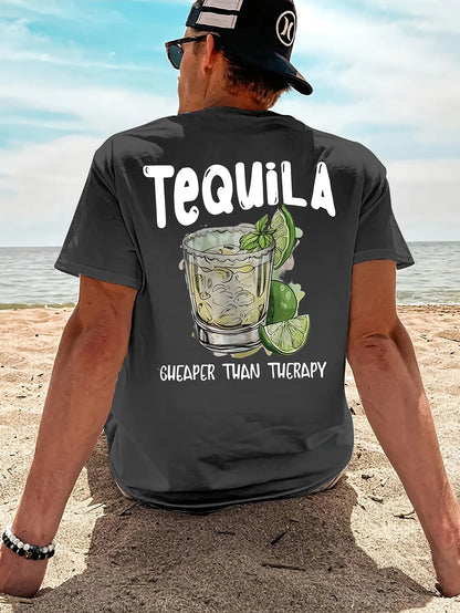 New Summer Tequila Cheaper Than Therapy Meme Graphic Cotton T-shirt For Men Short Sleeve Outdoor Streetwear Casual Unisex Tops.