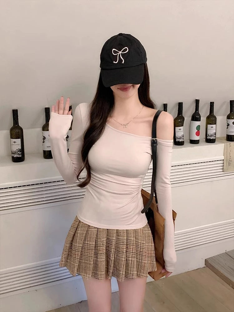 Vintage Solid Off Shoulder T Shirt Women Autumn Sexy Slash Neck tshirts Cotton Long Sleeve Chic Irregula Streetwear Slim Top Y2k