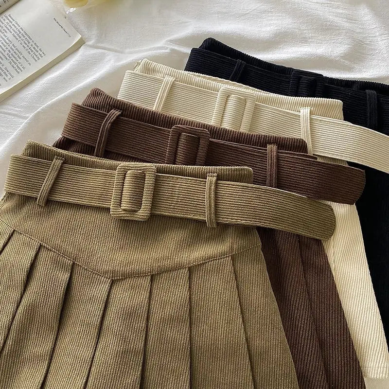 Pleated Mini Skirts Women Japan Students Corduroy Preppy Style Autumn Winter Basic Solid Bottoms Chic Vintage JK Slim All-match.