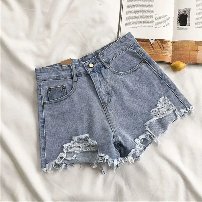 Korean Denim Holes Shorts For Women  Fashion High WaistWide Leg Short Jeans Female Designer Casual Street Short 2025 New Trend.