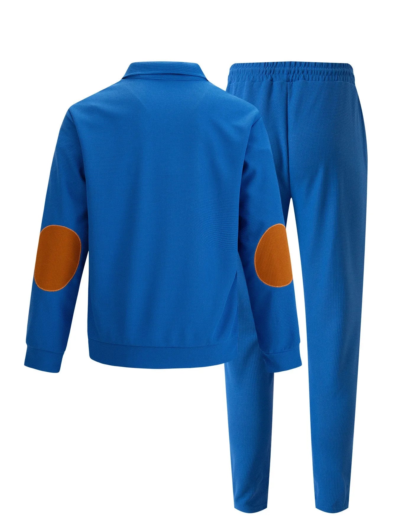Men's new autumn style American stand-up collar button elbow patch color-block long-sleeve hoodie and pants set.