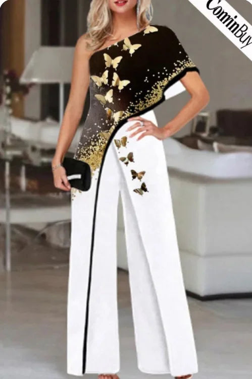 Fashionable Printed Pattern Wide Leg Pants Jumpsuit Independent Station Cross Border Spring Summer Women's Clothing.