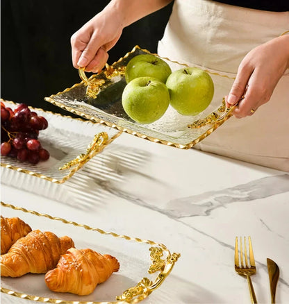 Gold-rimmed Glass Plates, Luxury Fruit Plates, Snacks, Cakes, Snacks, Bread Tray, Binaural Glass Plates, Rectangular Trays.