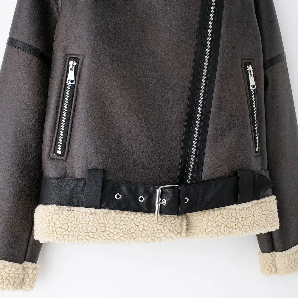 TRZA-Damen-Jacke aus dickem, warmem Wildleder mit Gürtel, langärmlige Mäntel, Kunstscheren, weibliche Oberbekleidung, schicke Oberteile, Wintermode.