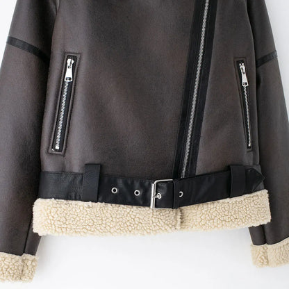 TRZA-Damen-Jacke aus dickem, warmem Wildleder mit Gürtel, langärmlige Mäntel, Kunstscheren, weibliche Oberbekleidung, schicke Oberteile, Wintermode.