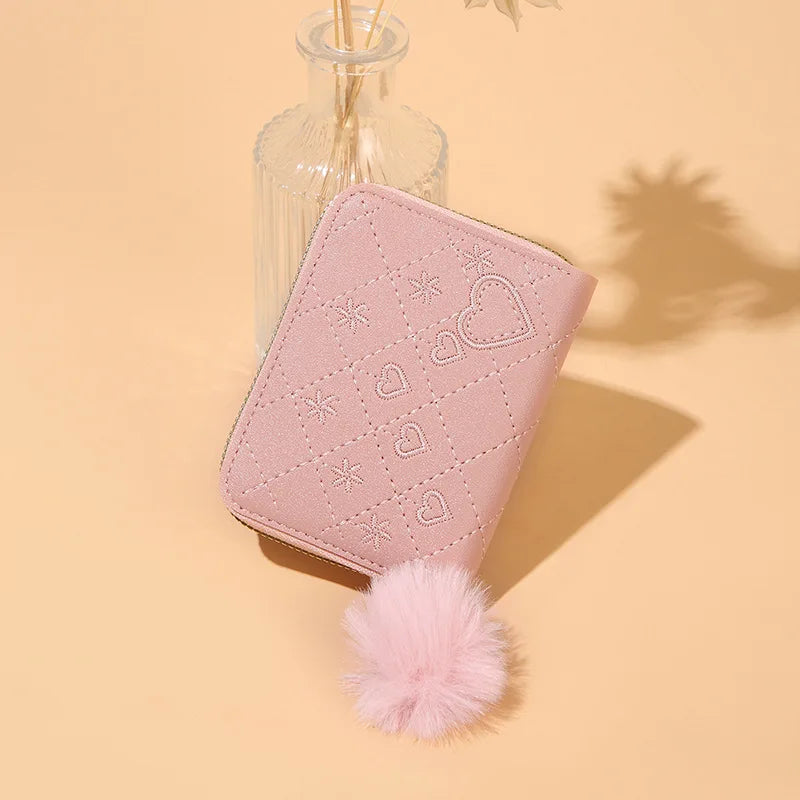 Women Fashion Zipper Wallet with Hairballs Simple Versatile Short Coin Purse Multi-Functional Multi-Card Slot Card Bag.