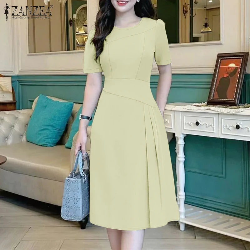 ZANZEA Elegante Büro Frauen Kleider Sommer Stilvolle Solide Party Arbeit Kleid Mode Kurzarm Plissee Vestidos Midi Sommerkleid.