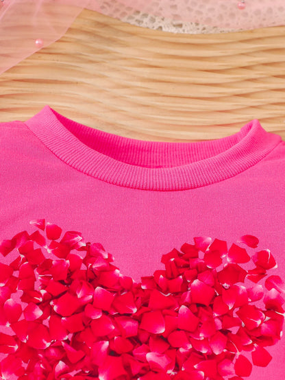 Spring 3-10y Kids Girls Clothes Heart Printing Tops Pleated Skirt 2pcs Sets Children's Outdoor Daily Wear Valentine's Day Gift.