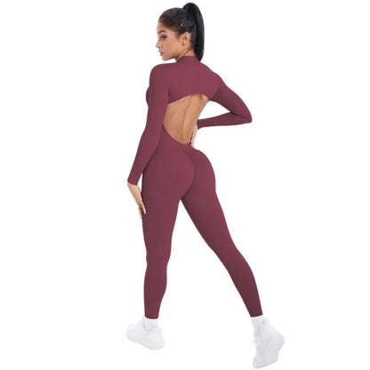 Women's Long Yoga Bodysuit with Half-Zip Sexy Back & Butt Lift for Fitness Running Outdoor Sportswear.