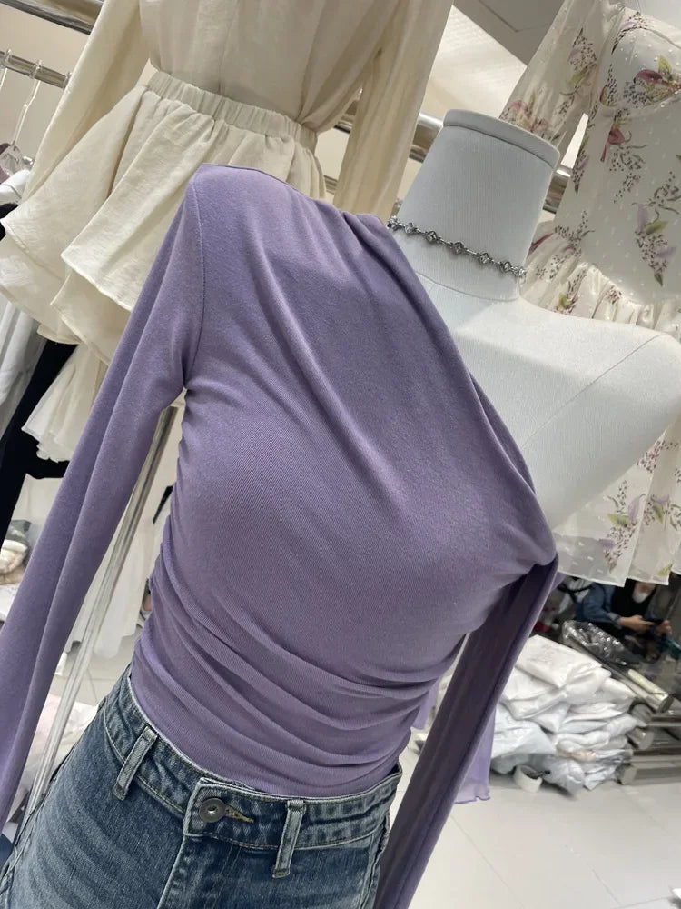 French Style Long Sleeve Slim Fit T-Shirt Women Early Autumn Design Sexy Short Length Beautiful Top Shoulder Bared Side Collar.