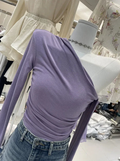 French Style Long Sleeve Slim Fit T-Shirt Women Early Autumn Design Sexy Short Length Beautiful Top Shoulder Bared Side Collar.