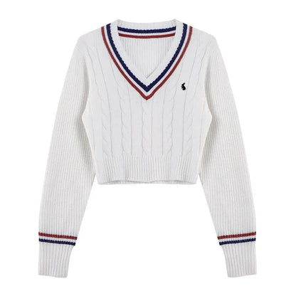 Koreanische Mode Pullover Frauen Herbst V-ausschnitt Y2K Cartoon Stickerei Gestrickte Tops Winter Weiche Grundlegende Langarm Pullover.