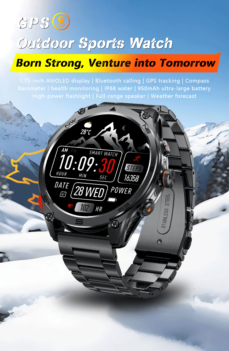 2025New GPS Sports Smart Watch  AMOLED Flashlight 950Mah Battery IP68 Waterproof Fitness Trackr BT Call Smartwatch For Men Women.