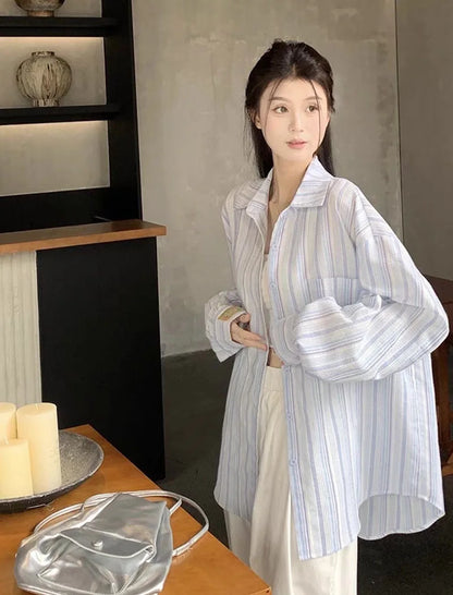 Pink Striped Shirt Women Korean Style Loose Long Sleeved Button Up Blouse Ladies Autumn New Wild Streetwear Casual Shirts 2025.