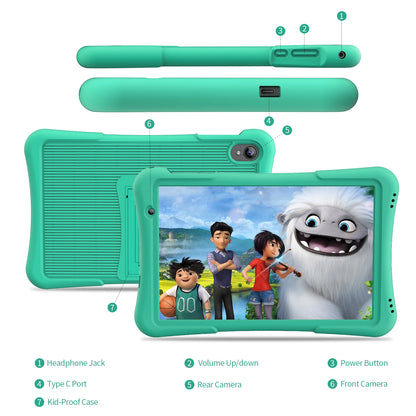 PRITOM 10 inch kids Android tablet, 4GB(2+2)+32GB, Quad Core, 6000 mAh, WiFi 6, Dual Camera, Bluetooth, Toddler Tablet.