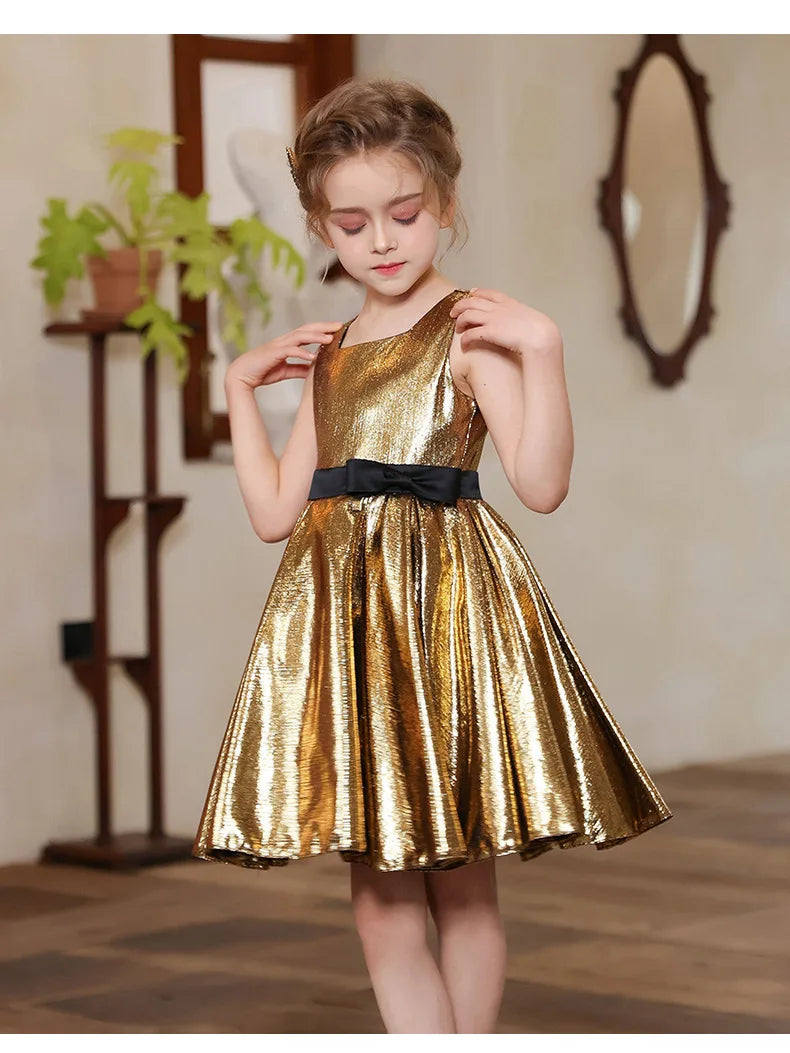 Teenager Mädchen Gold Glänzendes Bühnenkleid Kinder Hochzeit Klavier Performance Luxus Dressing Kostüm Größe 110-170.