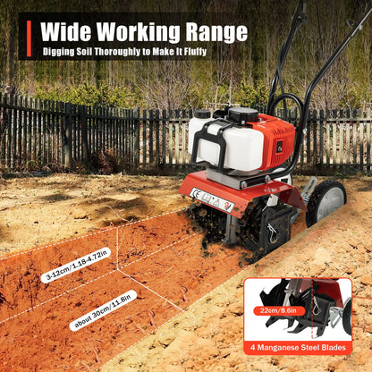 52CC 1700W Benzin-Gartenfräse  Kabelloser, luftgekühlter 2-Takt-Grubber, rotierend, zum Laufen, Lösen, 12 Zoll/30 cm breit, 12 cm dp