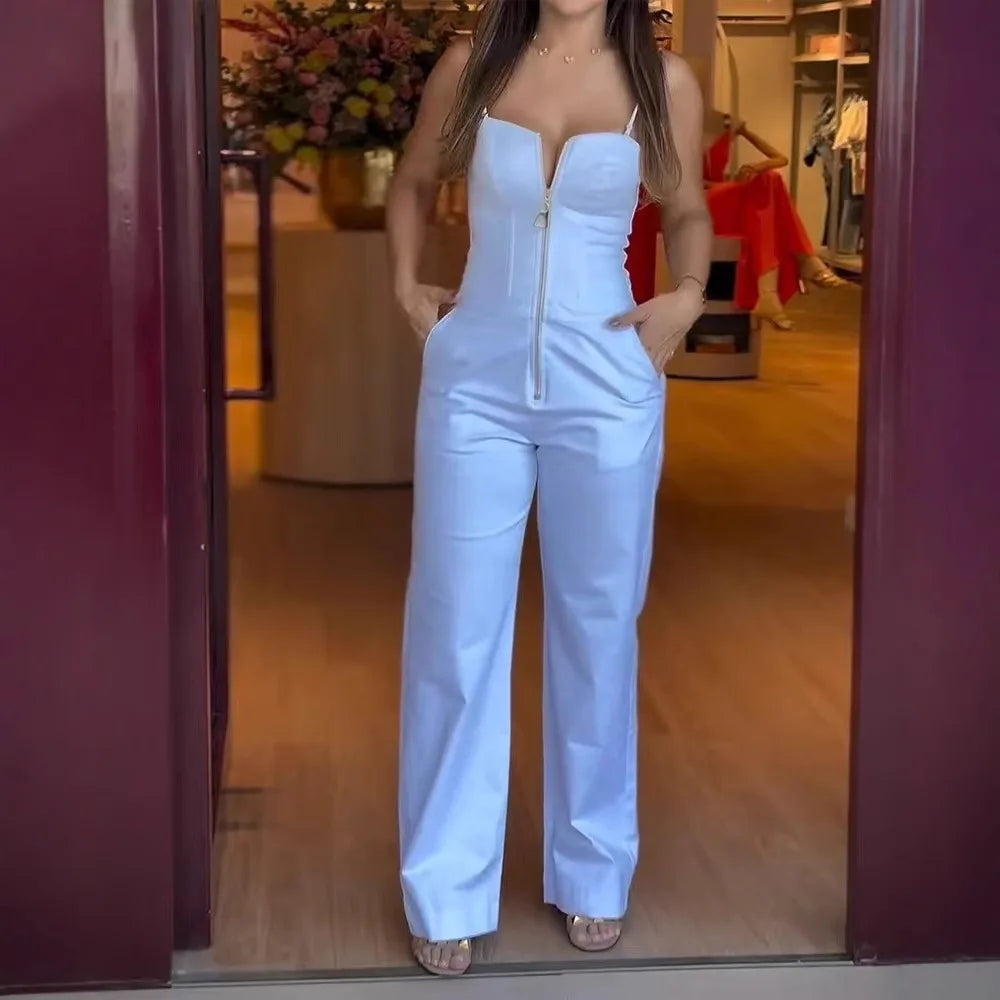 Women's Fashionable High-waist Jumpsuit Office Sexy Zipper Jumpsuit Summer Casual Commuting Solid Color Long Suspender Jumpsuit.