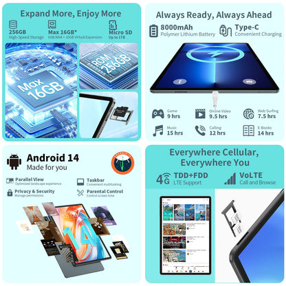 ODEA S11 Android 14 Tablet with 11" IPS 1920x1200 T606 8 Core CPU Max 16GB RAM 256GB ROM 4G LTE type C 8000mAh Widevine L1.
