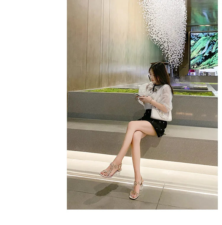 Women;s Sandals Pvc Crystal Flower Shoes for Women Decoration Chunky Heel Sandals Ladies Back Strap Fashion Shoes Female2024.