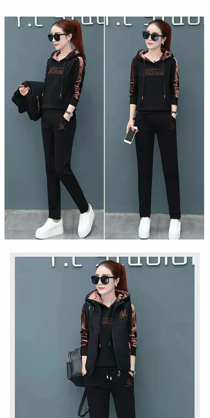 Winter 3 Pcs/Set Women Waistcoat Top Pants Set Letter Embroidery Ladies Winter Tracksuit Color Block Three-piece Sweatpants Set.