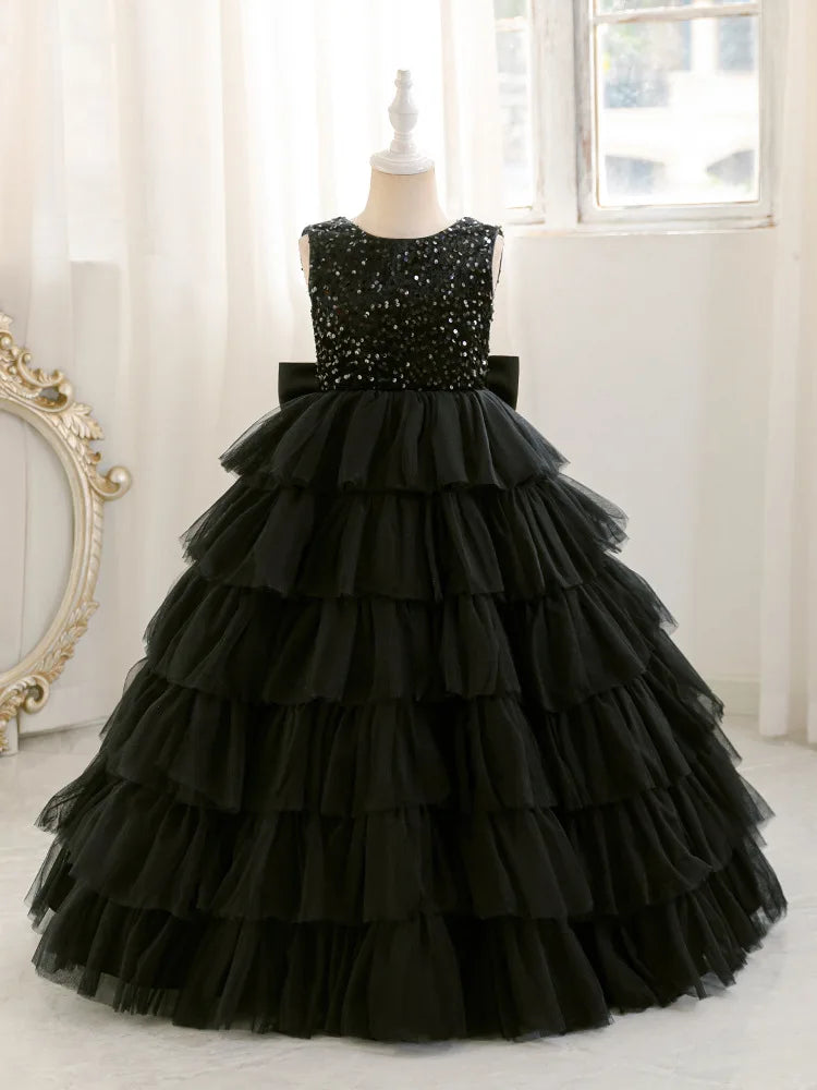Mode Pailletten Mädchen Prinzessin Kleid Geburtstag Party Mädchen Layered Schwarz Hochzeit Kleid Für Kinder Elegante Klavier Leistung Kleid.