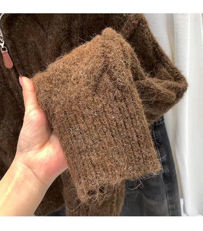 Women Autumn Winter New Lazy Style Loose Knitted Cardigan Retro Solid Color Double Zipper Turn-down Collar Sweater New Women Top