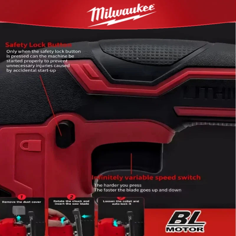 Milwaukee 3000 U/min bürstenlose Kurvensäge, kabellose elektrische Stichsäge, tragbares, multifunktionales, verstellbares Elektrowerkzeug für die Holzbearbeitung
