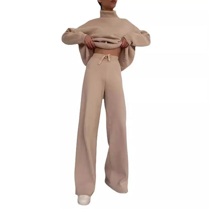 Autumn and Winter Women's New Knitted Fashion Casual Suit Two-piece High-neck Long-sleeved Top + Drawstring Wide-leg Pants Y2k.