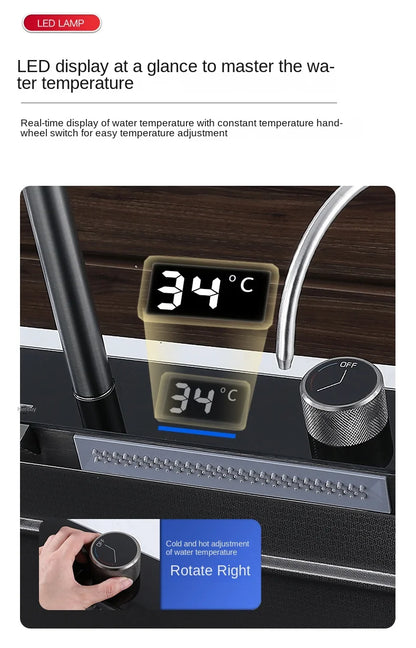 Wasserfall-Küchenspüle aus Edelstahl 304, großes Einzelschlitz-Wasserhahn-Set mit integrierter Digitalanzeige, Seifenspender, Tassenwascher