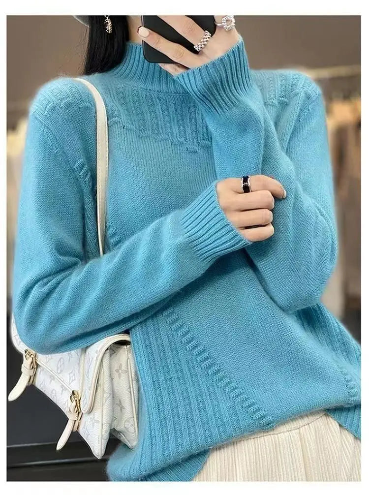2024 herbst Neue Lose frauen Halb-rollkragen Verdickt Einfarbig Einfache Häkeln Beiläufige Gestrickte Pullover Pullover Top.