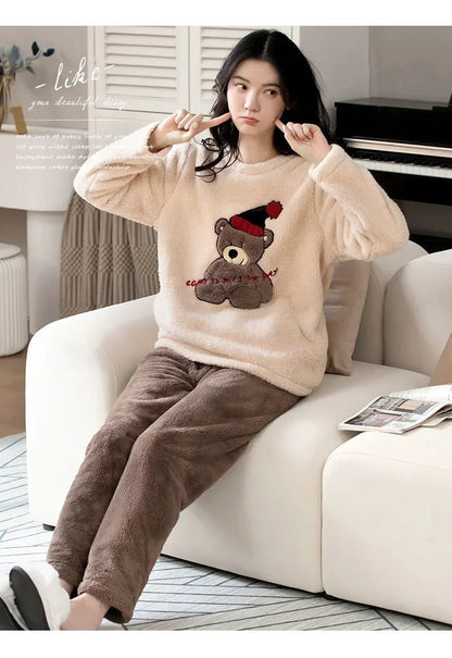 Thickened Warm Large Size Padded Fall and Winter Women's Pajamas Top and Pants Set Coral Velvet Ladies Cartoon Bear 2PCS/Set.
