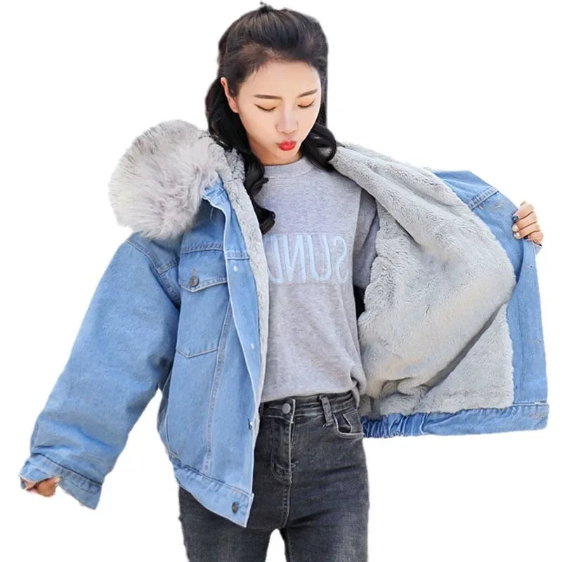 Mit kapuze Denim Mäntel Taschen Einreiher Jacke 2024 Herbst Winter Oberbekleidung Dicke Warme Bequeme Frauen Casual Mantel.